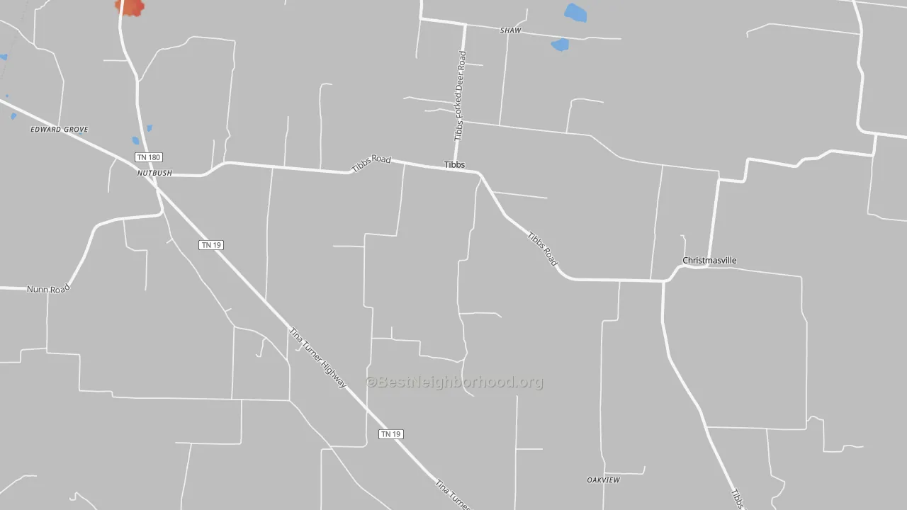 Walk Grade map of Tibbs, TN, walkable areas in green and car-dependent areas in red
