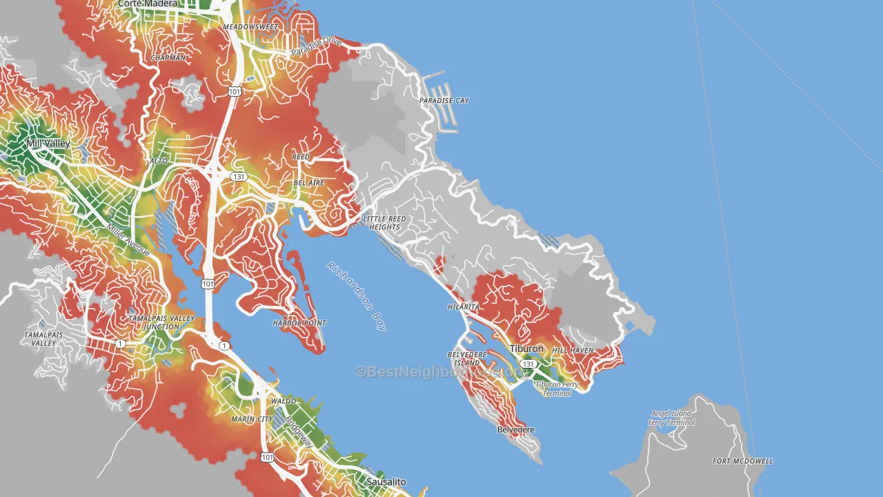 Walk Grade map of Tiburon, CA, walkable areas in green and car-dependent areas in red