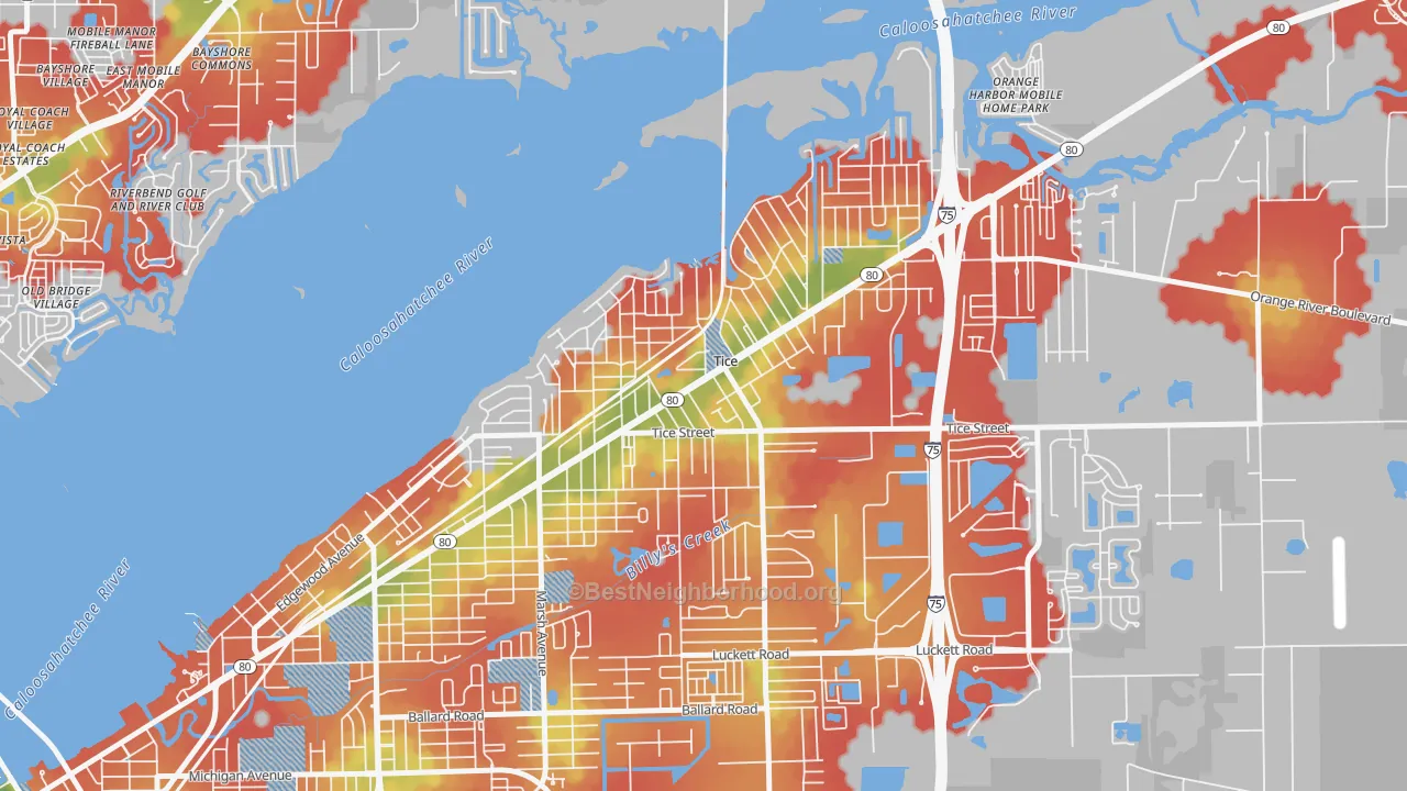 Walk Grade map of Tice, Fort Myers, FL, walkable areas in green and car-dependent areas in red