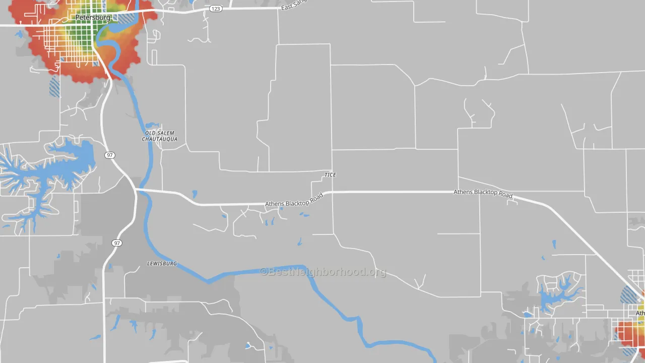 Walk Grade map of Tice, IL, walkable areas in green and car-dependent areas in red