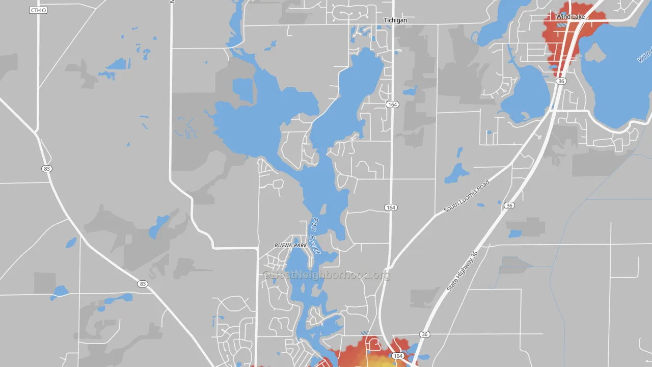 Walk Grade map of Tichigan, WI, walkable areas in green and car-dependent areas in red