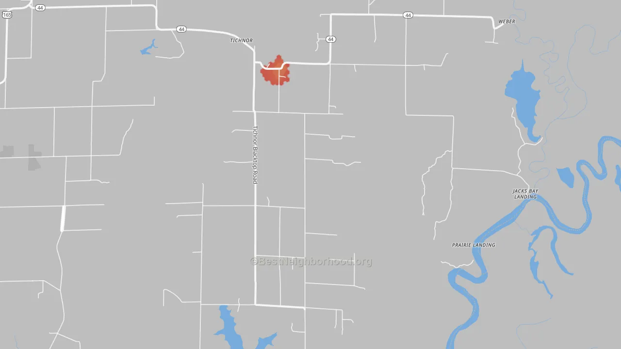 Walk Grade map of Tichnor, AR, walkable areas in green and car-dependent areas in red