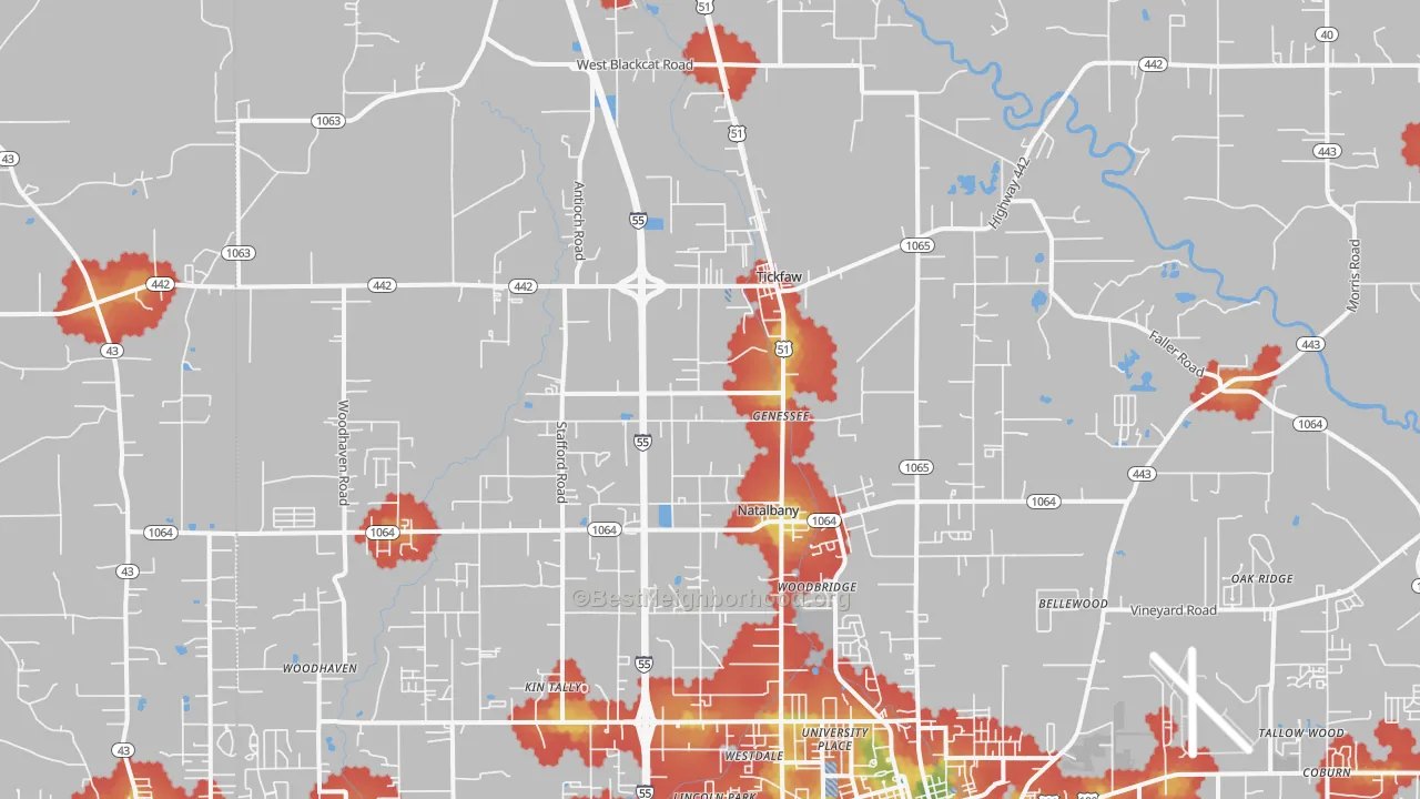 Walk Grade map of Tickfaw, LA, walkable areas in green and car-dependent areas in red
