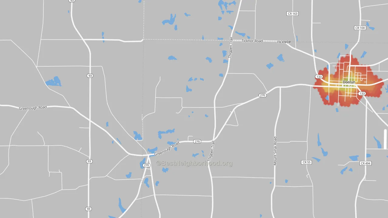 Walk Grade map of Ticknor, GA, walkable areas in green and car-dependent areas in red
