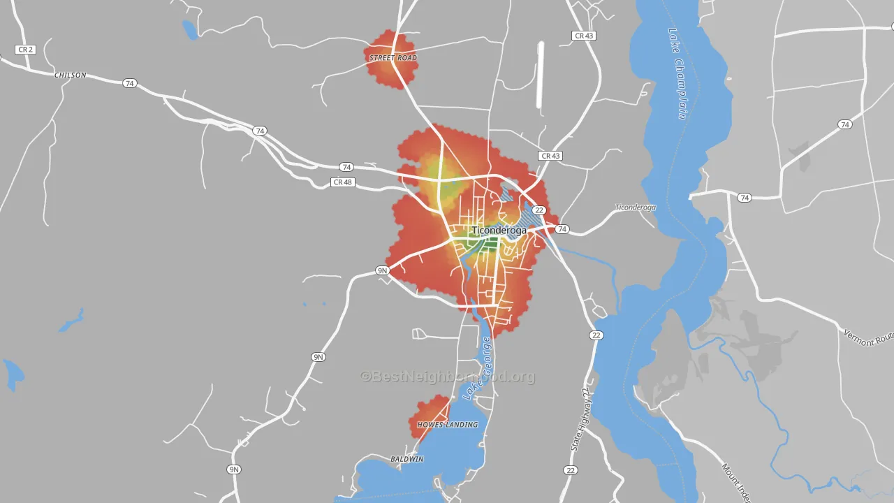 Walk Grade map of Ticonderoga, NY, walkable areas in green and car-dependent areas in red