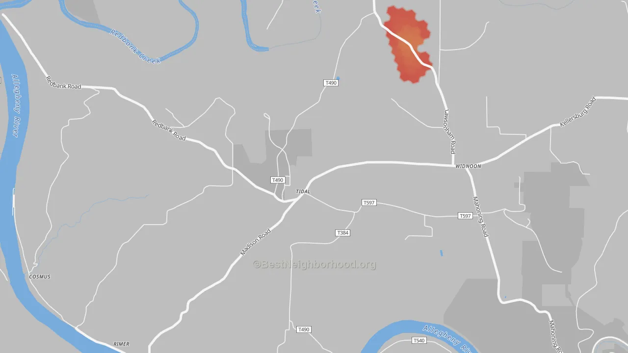 Walk Grade map of Tidal, PA, walkable areas in green and car-dependent areas in red