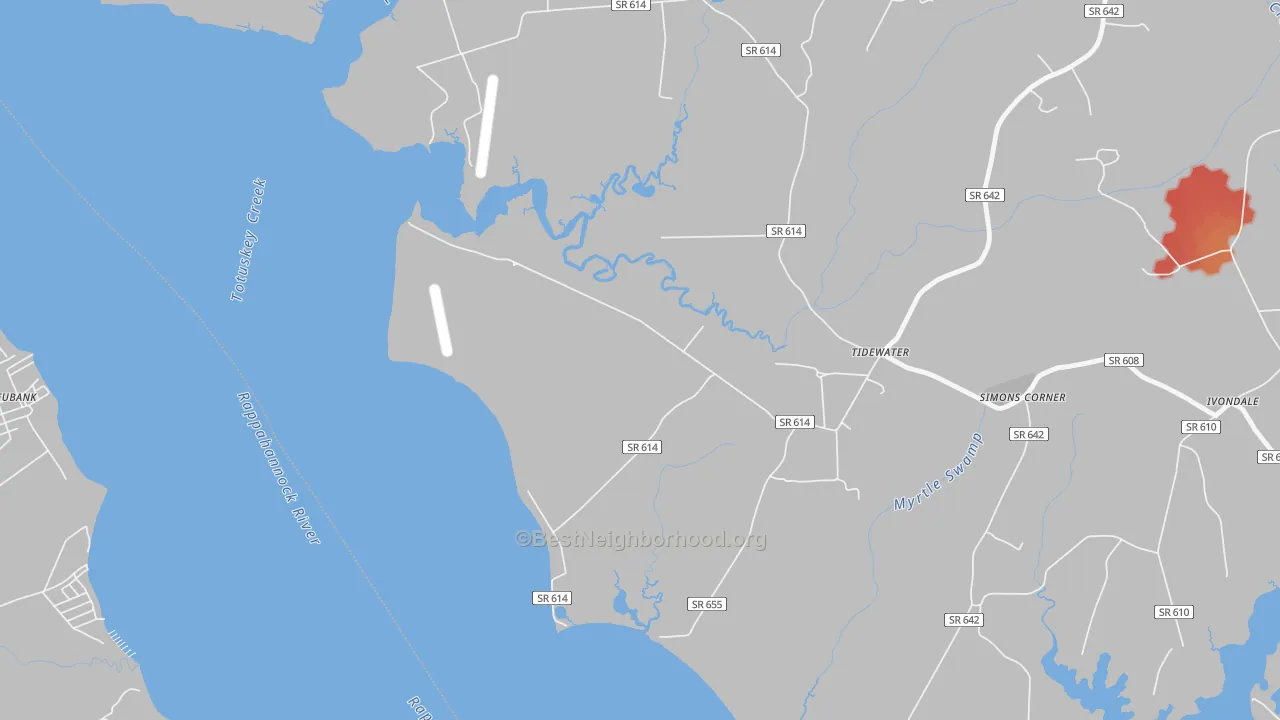 Walk Grade map of Tidewater, VA, walkable areas in green and car-dependent areas in red
