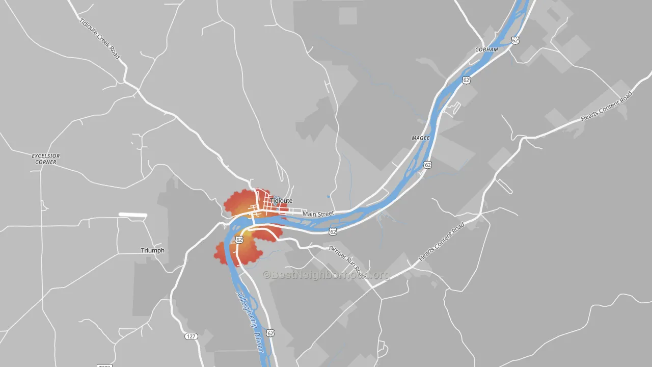 Walk Grade map of Tidioute, PA, walkable areas in green and car-dependent areas in red