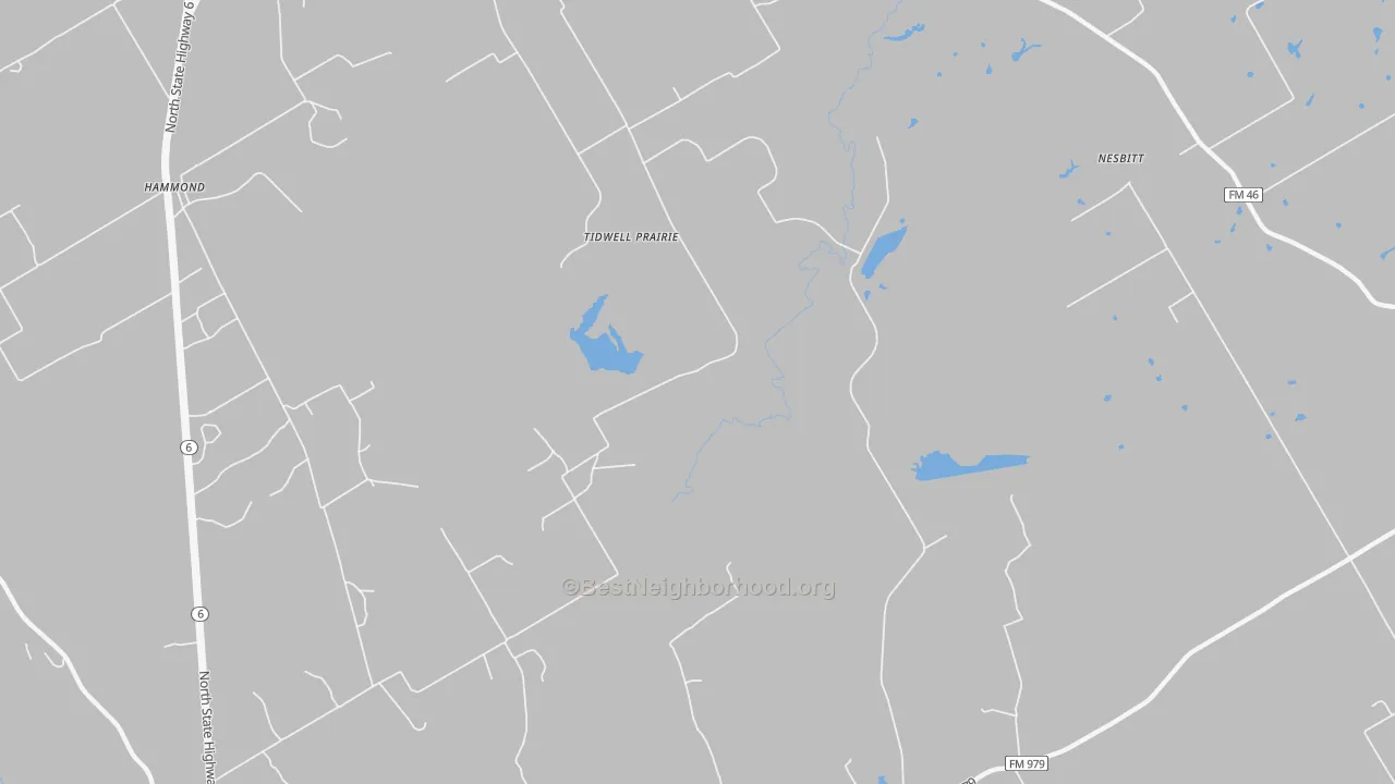 Walk Grade map of Tidwell Prairie, TX, walkable areas in green and car-dependent areas in red