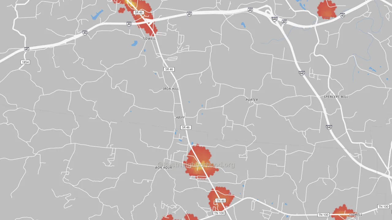 Walk Grade map of Tidwell, TN, walkable areas in green and car-dependent areas in red