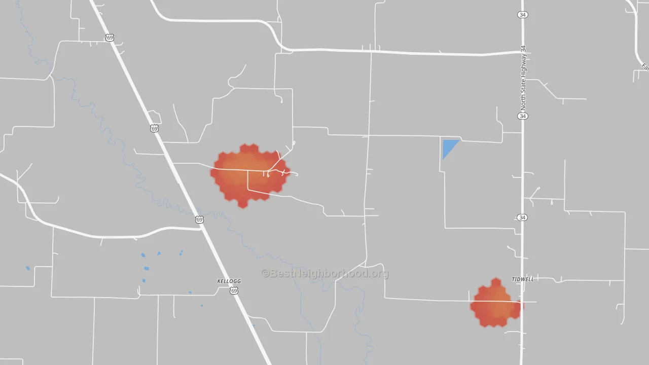 Walk Grade map of Tidwell, TX, walkable areas in green and car-dependent areas in red