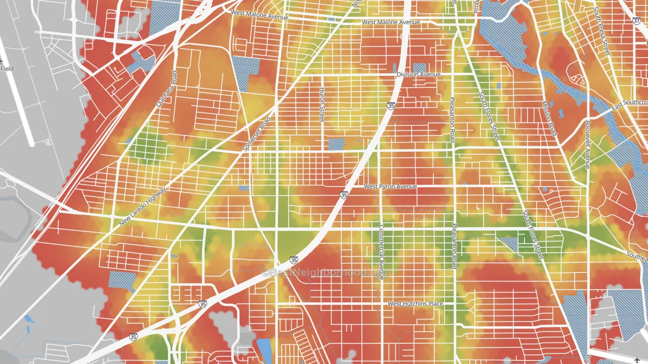 Walk Grade map of Tierra Linda, San Antonio, TX, walkable areas in green and car-dependent areas in red