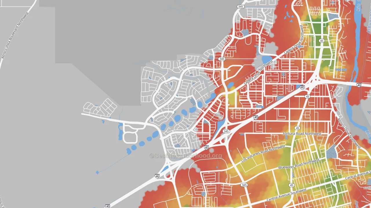 Walk Grade map of Tierra Oeste, Albuquerque, NM, walkable areas in green and car-dependent areas in red