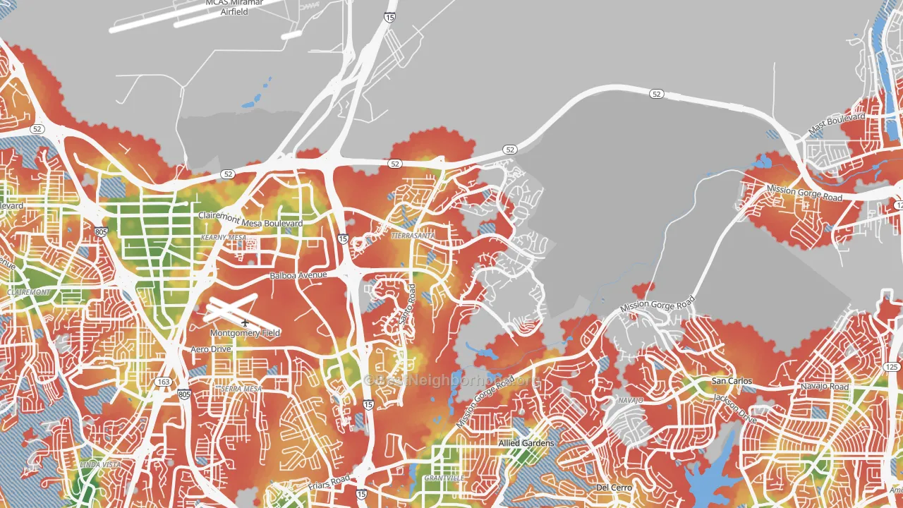 Walk Grade map of Tierrasanta, San Diego, CA, walkable areas in green and car-dependent areas in red