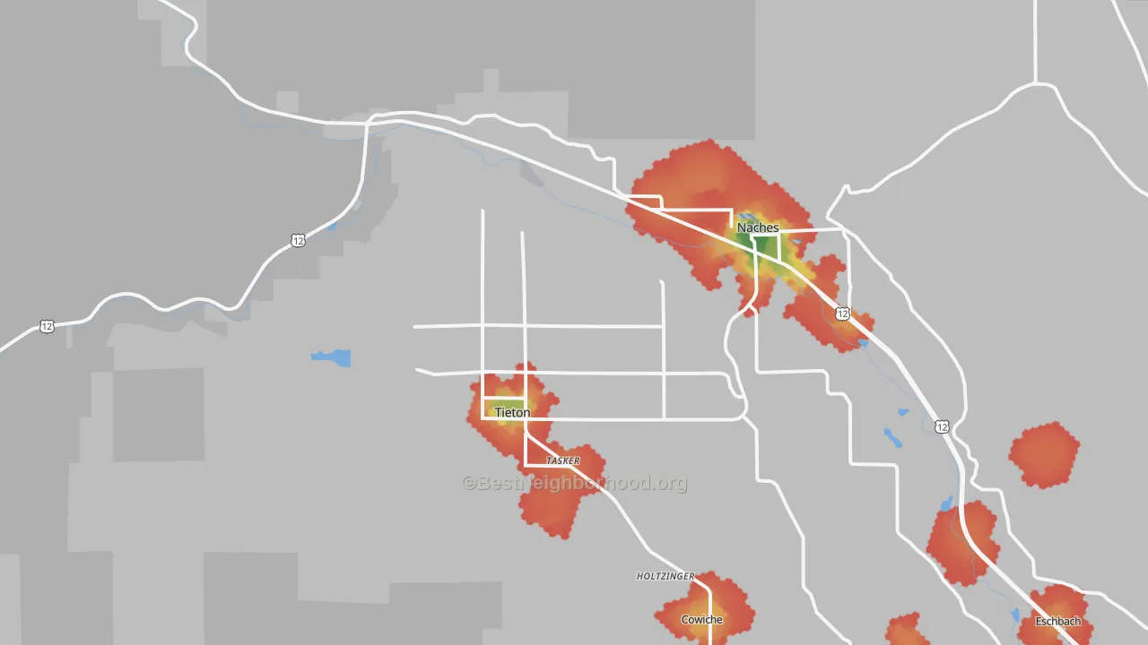 Walk Grade map of Tieton, WA, walkable areas in green and car-dependent areas in red