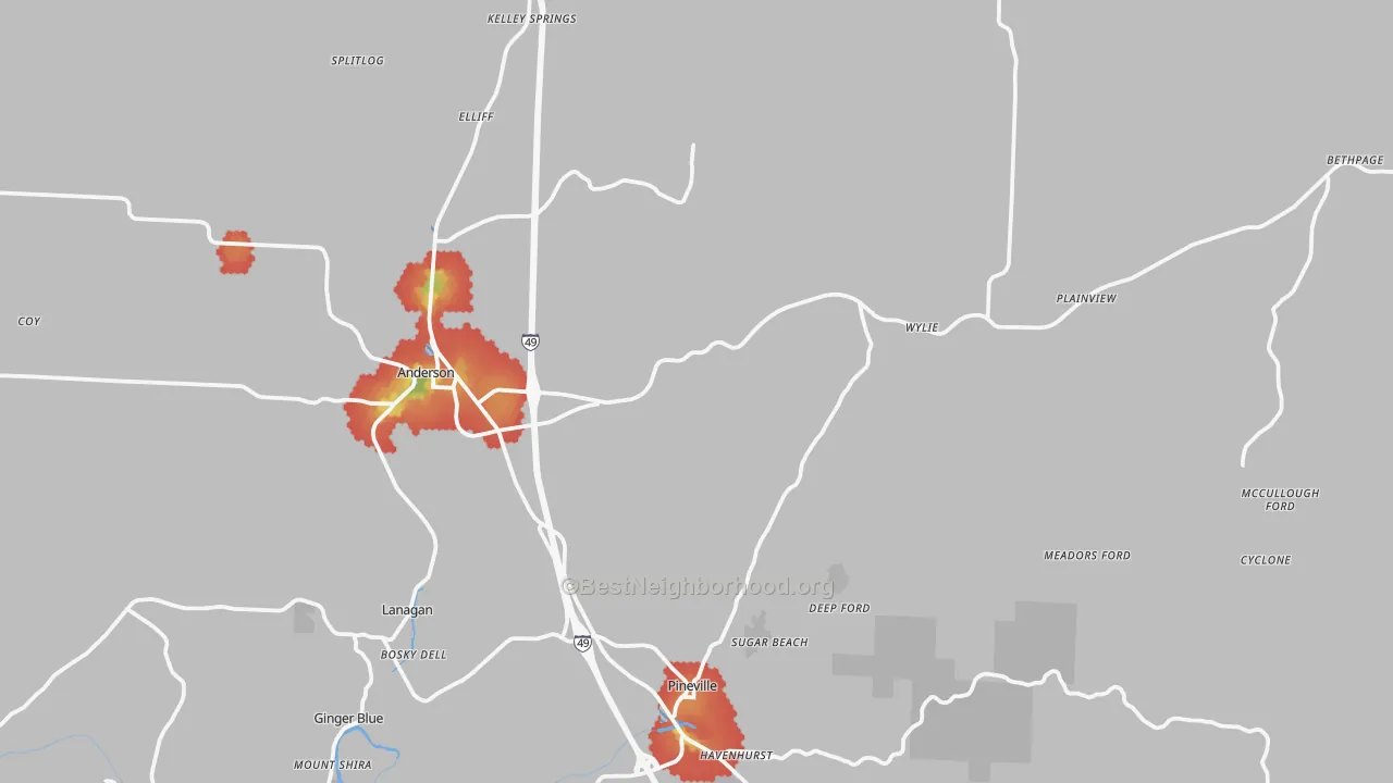 Walk Grade map of Tiff City, MO, walkable areas in green and car-dependent areas in red