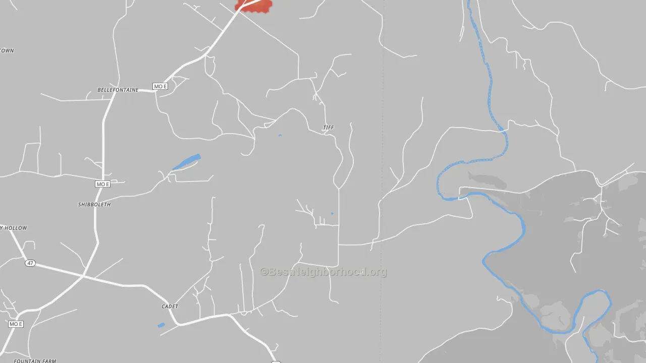Walk Grade map of Tiff, MO, walkable areas in green and car-dependent areas in red