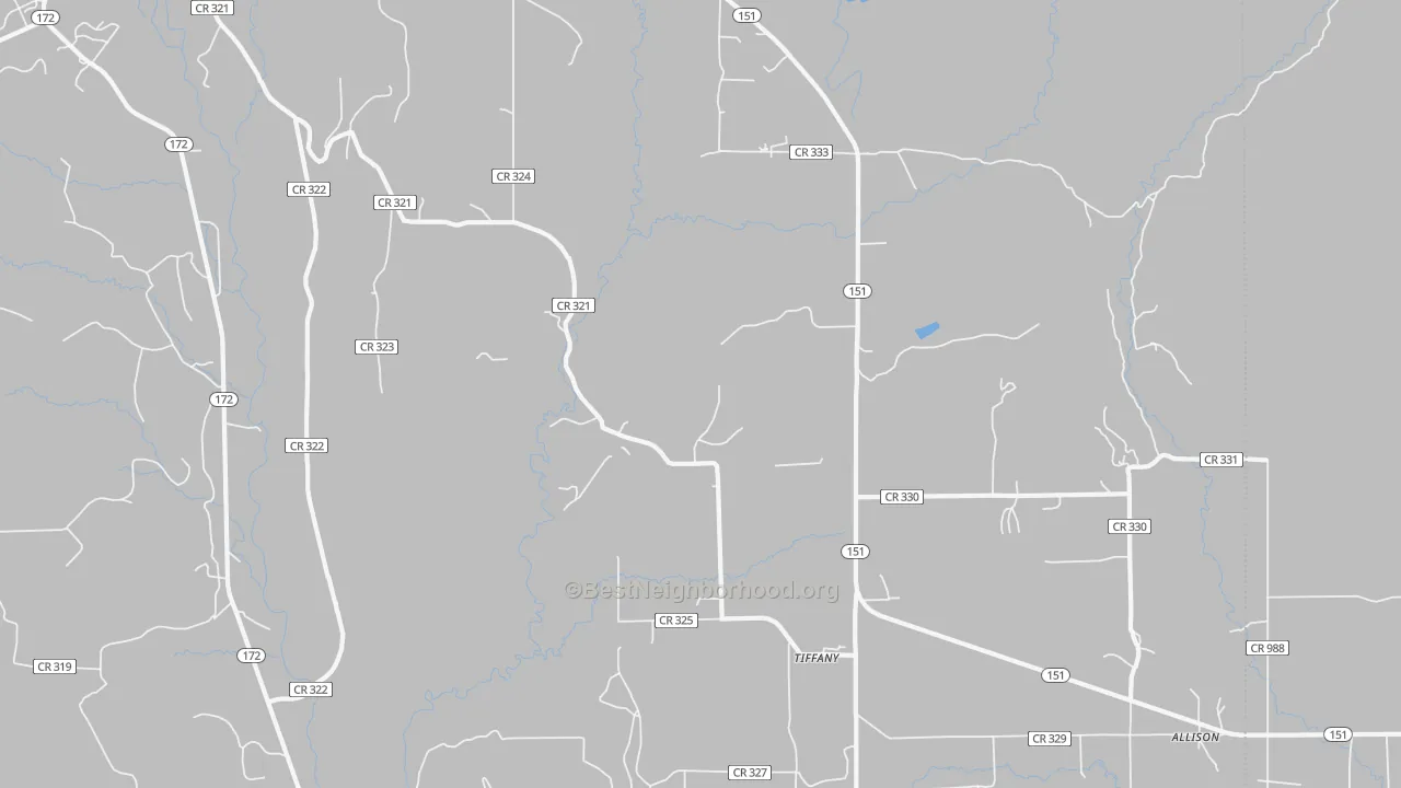 Walk Grade map of Tiffany, CO, walkable areas in green and car-dependent areas in red