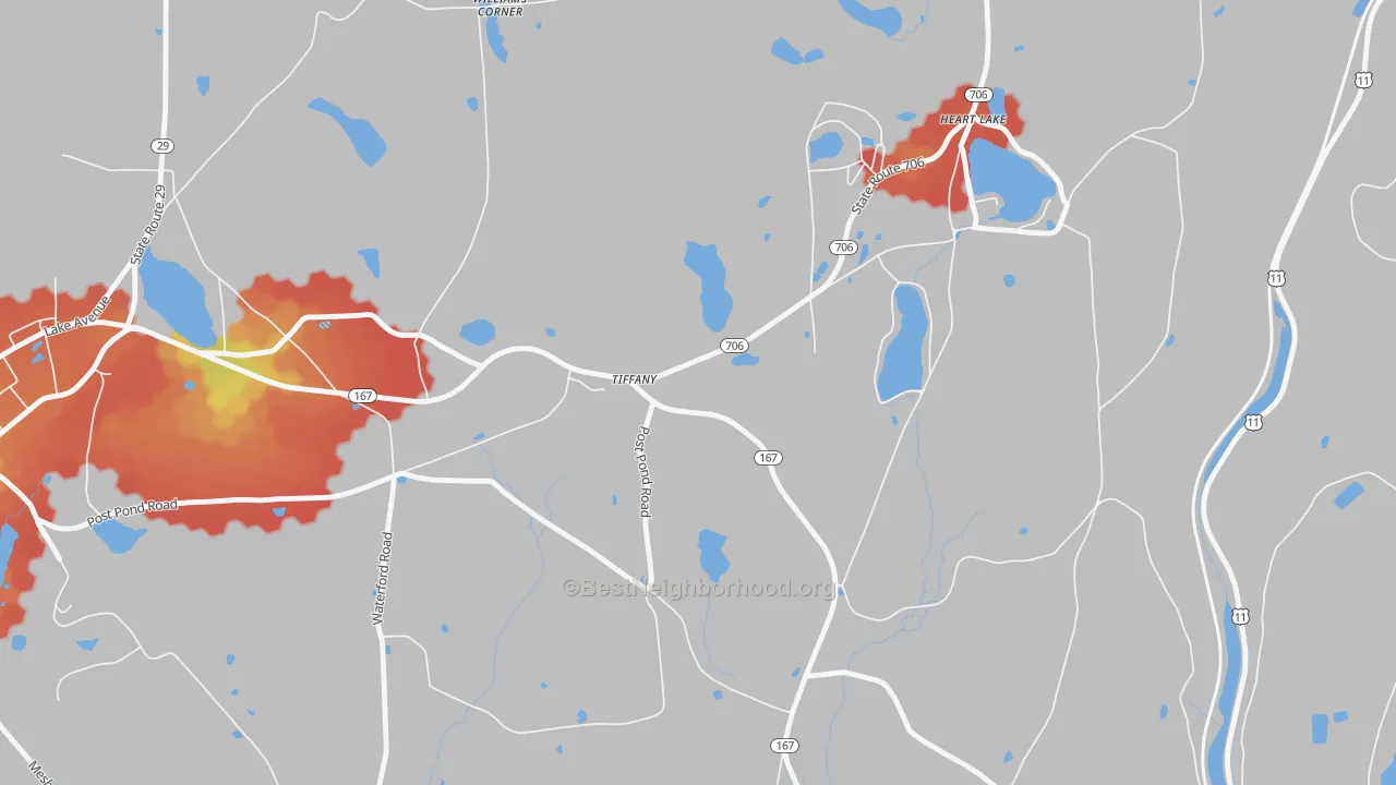Walk Grade map of Tiffany, PA, walkable areas in green and car-dependent areas in red