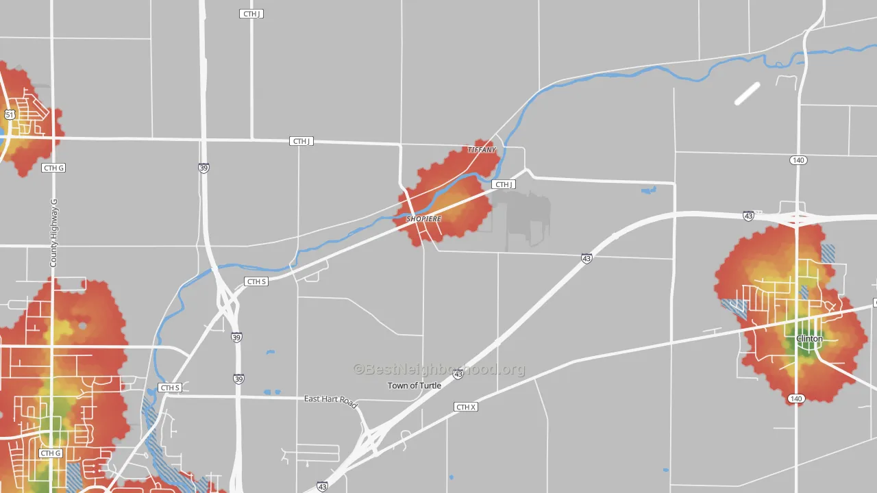 Walk Grade map of Tiffany, WI, walkable areas in green and car-dependent areas in red