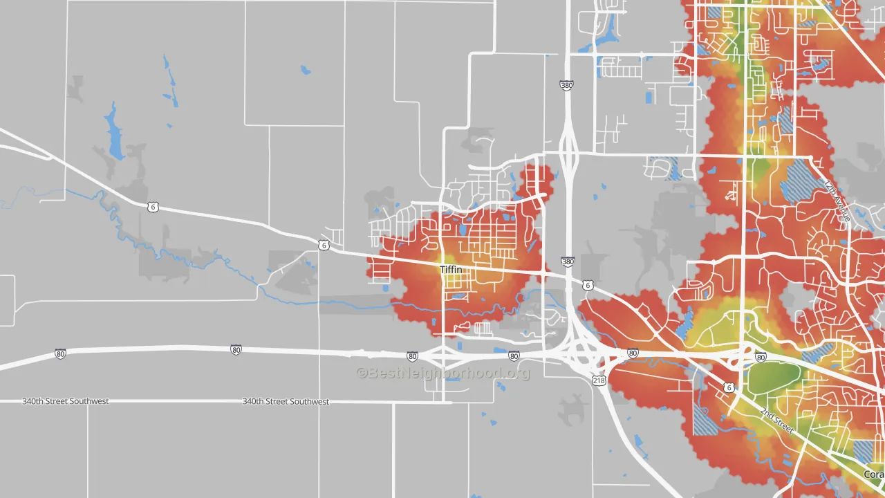 Walk Grade map of Tiffin, IA, walkable areas in green and car-dependent areas in red