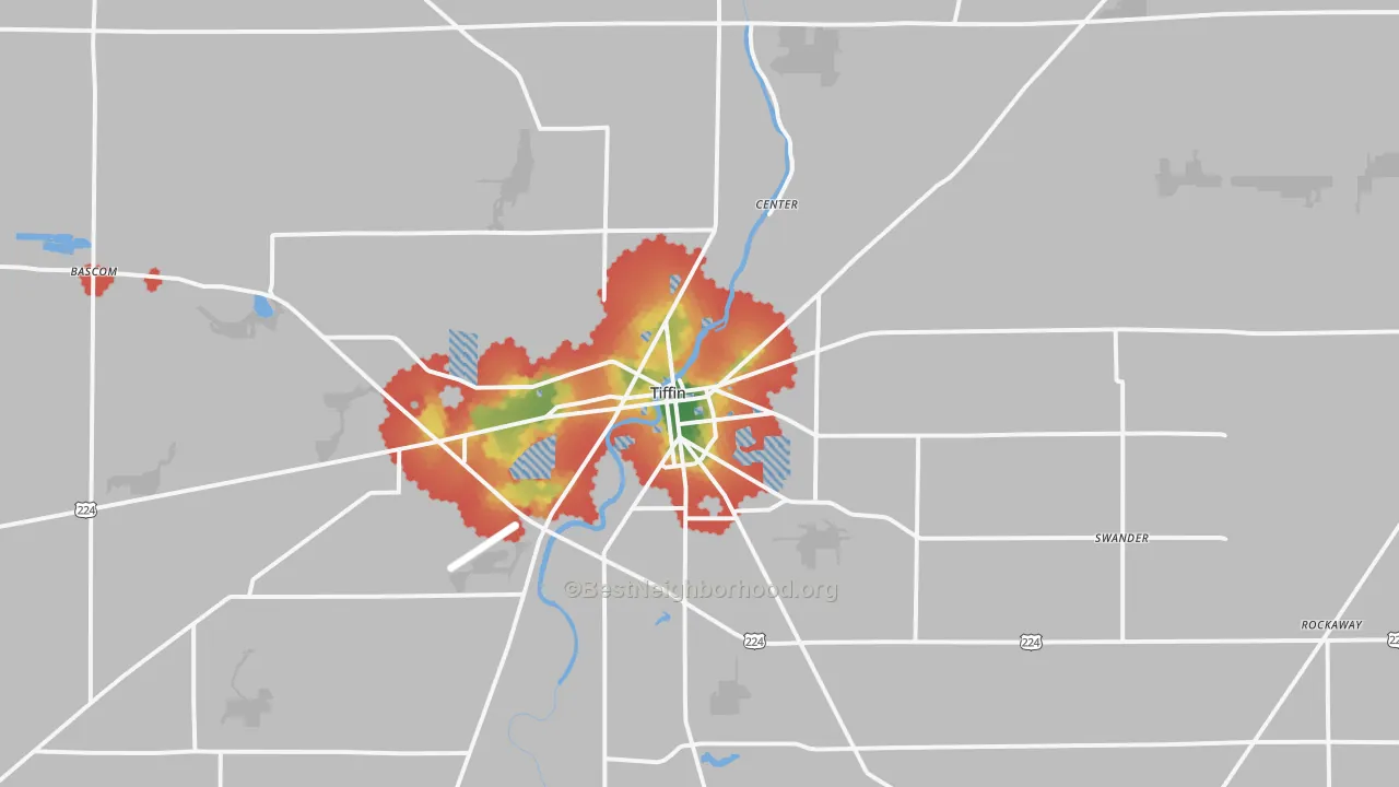 Walk Grade map of Tiffin, OH, walkable areas in green and car-dependent areas in red