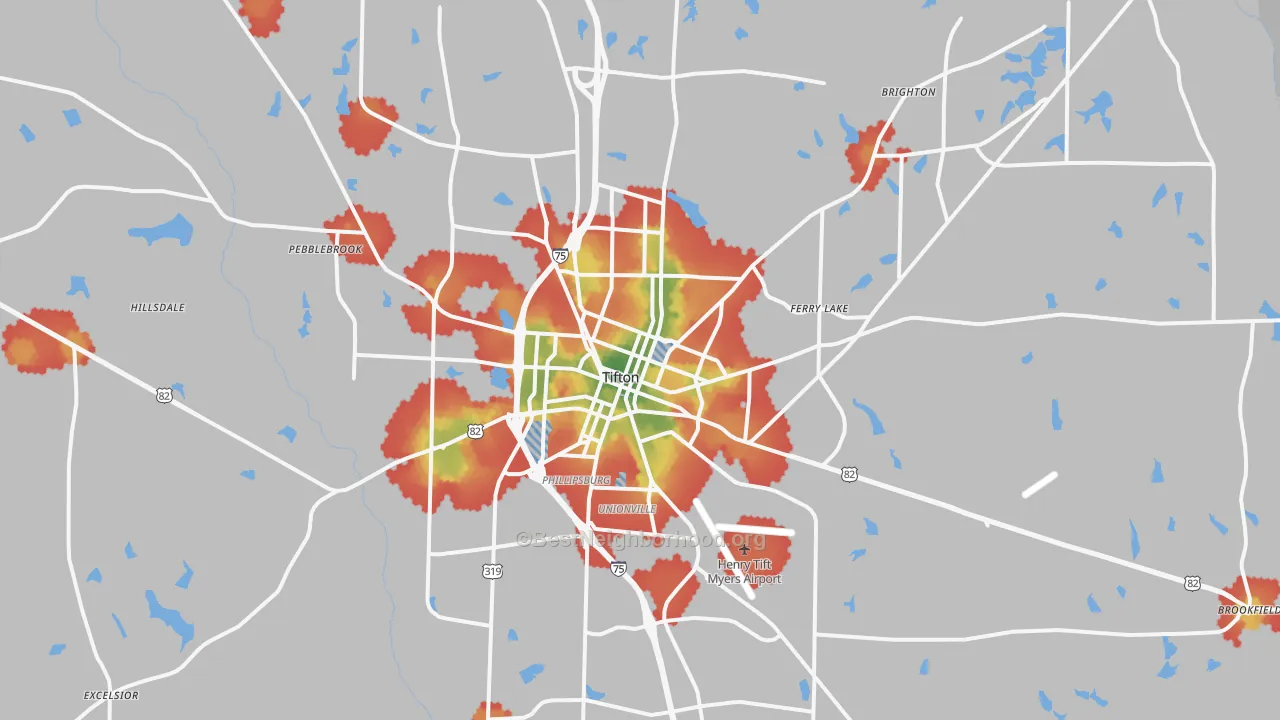 Walk Grade map of Tifton, GA, walkable areas in green and car-dependent areas in red