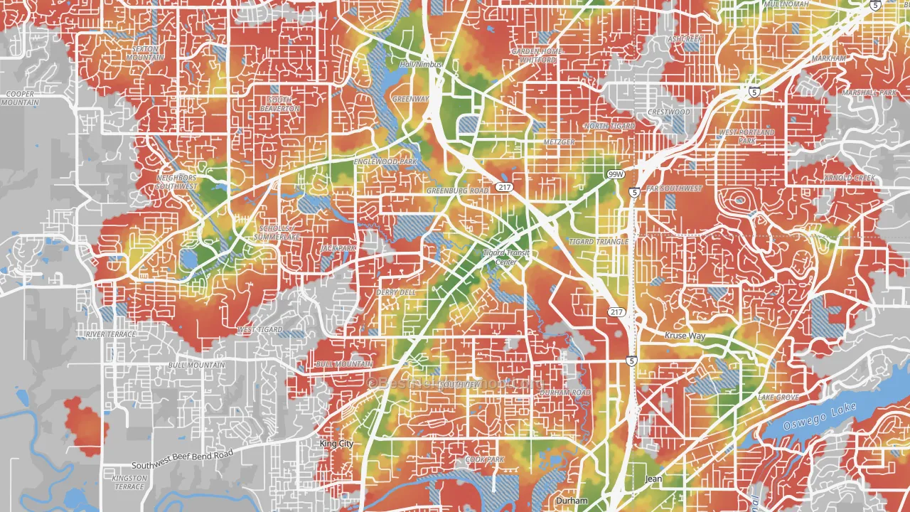 Walk Grade map of Tigard, OR, walkable areas in green and car-dependent areas in red