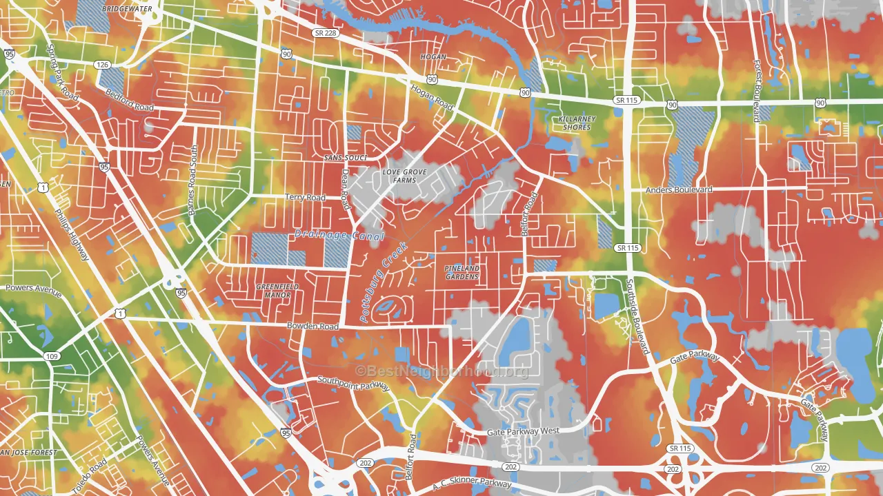 Walk Grade map of Tiger Hole-Secret Woods, Jacksonville, FL, walkable areas in green and car-dependent areas in red