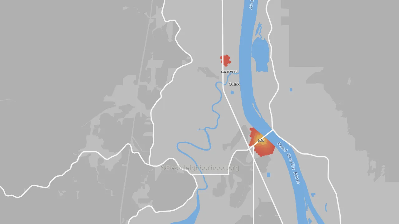 Walk Grade map of Tiger, WA, walkable areas in green and car-dependent areas in red