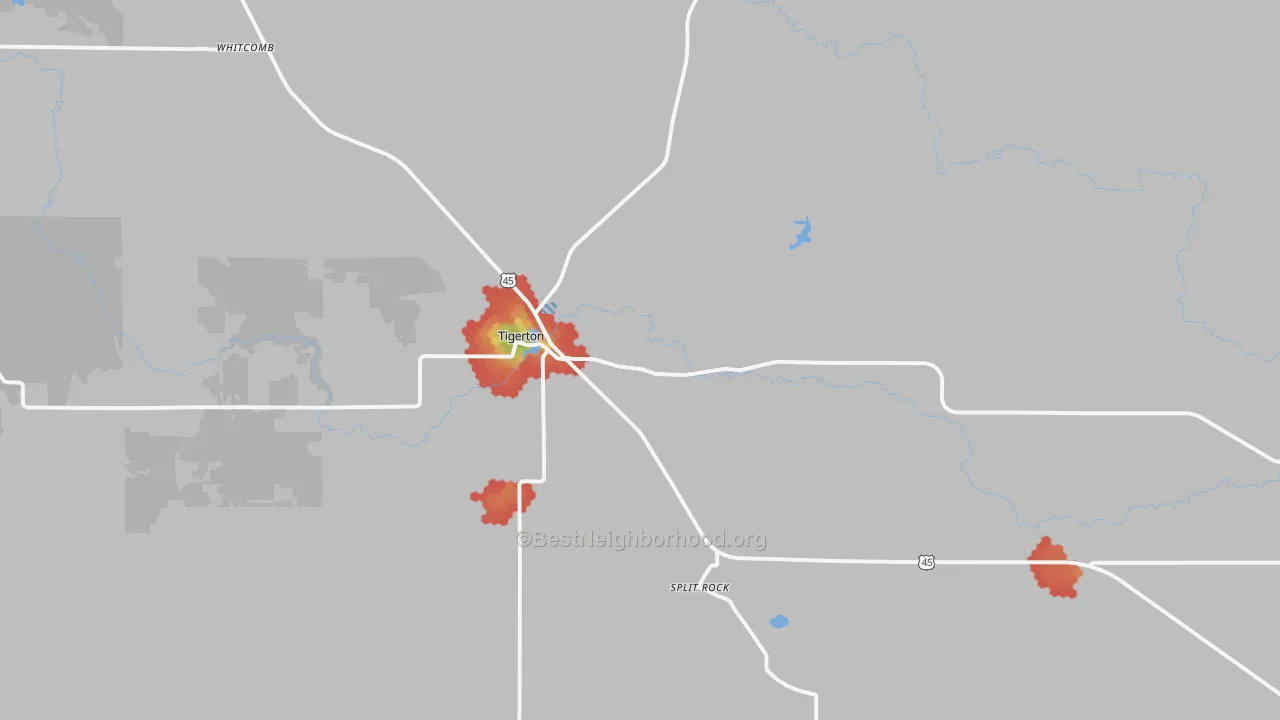 Walk Grade map of Tigerton, WI, walkable areas in green and car-dependent areas in red