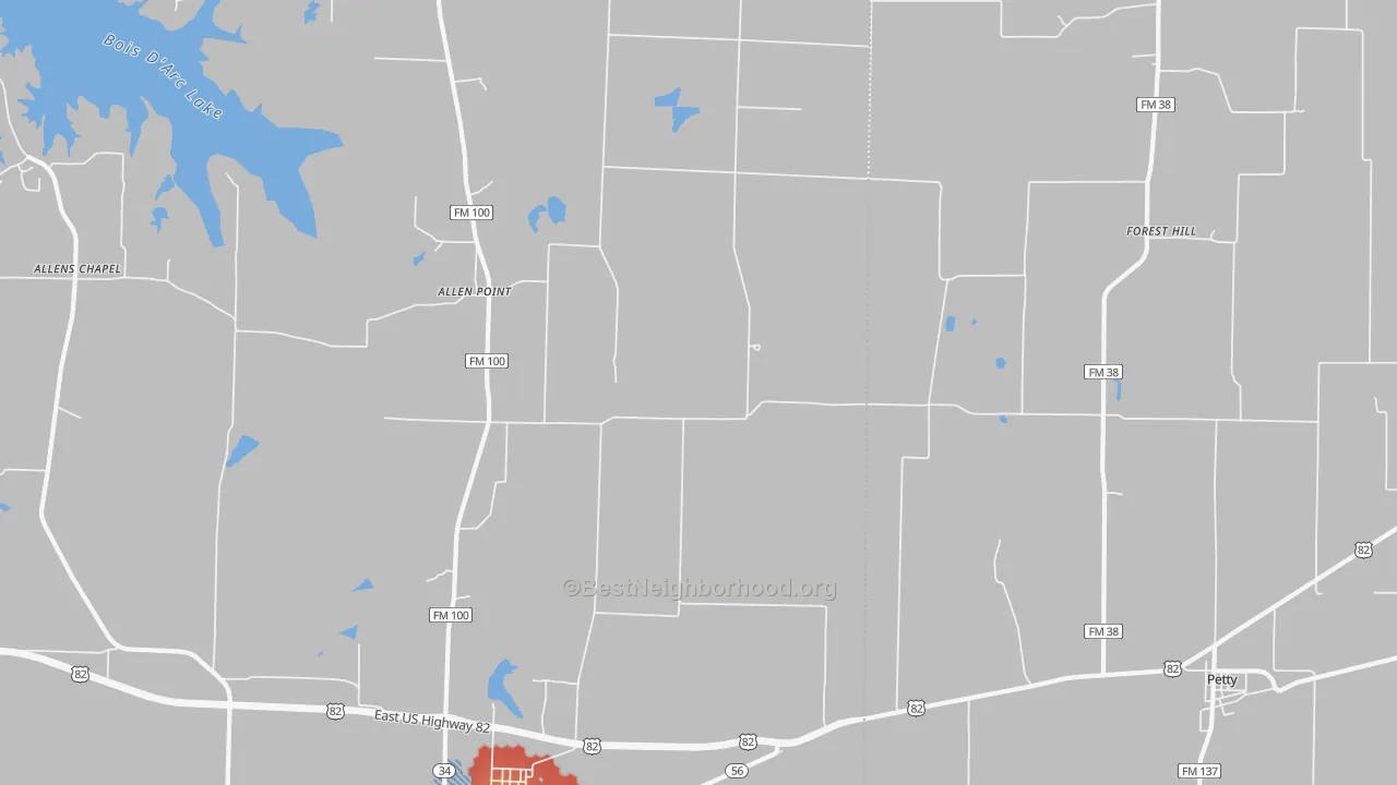 Walk Grade map of Tigertown, TX, walkable areas in green and car-dependent areas in red