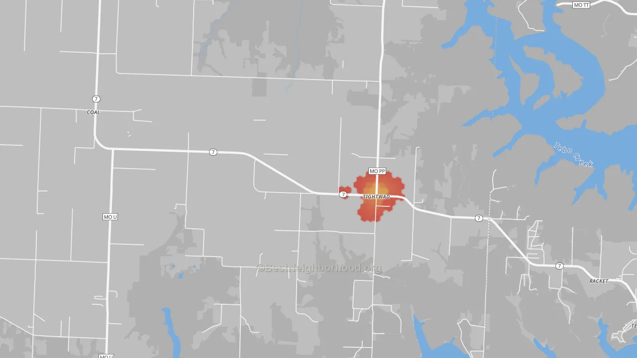 Walk Grade map of Tightwad, MO, walkable areas in green and car-dependent areas in red