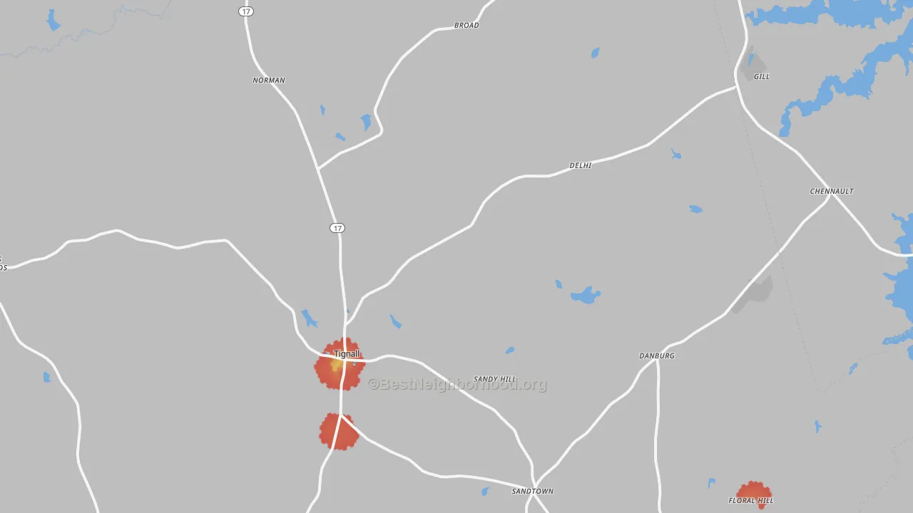 Walk Grade map of Tignall, GA, walkable areas in green and car-dependent areas in red