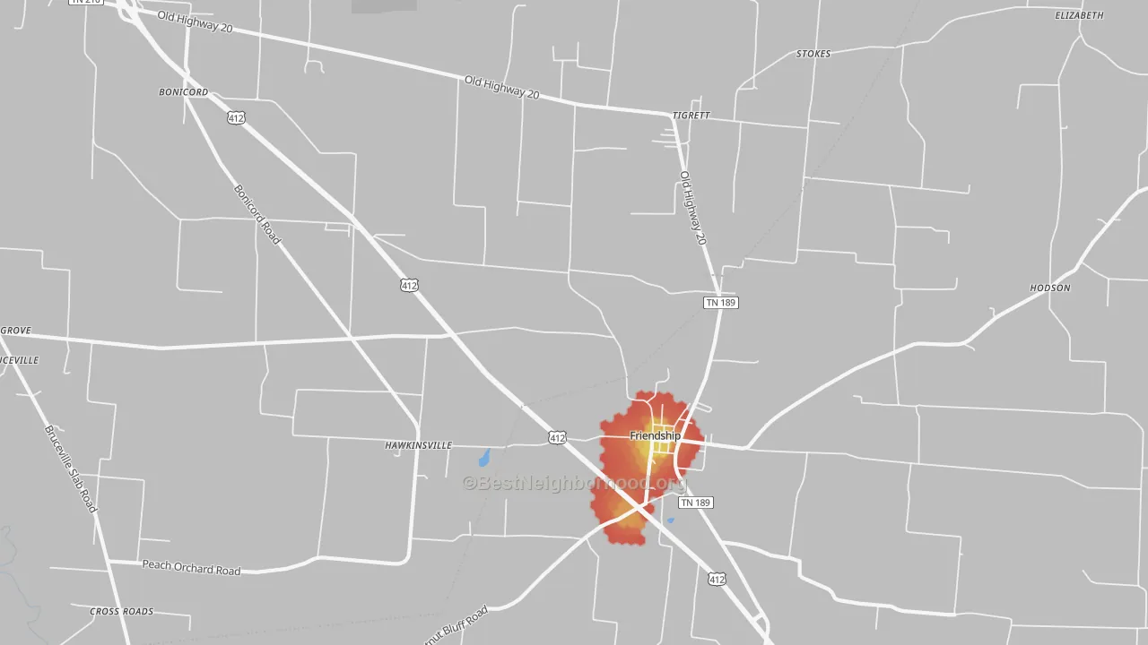 Walk Grade map of Tigrett, TN, walkable areas in green and car-dependent areas in red