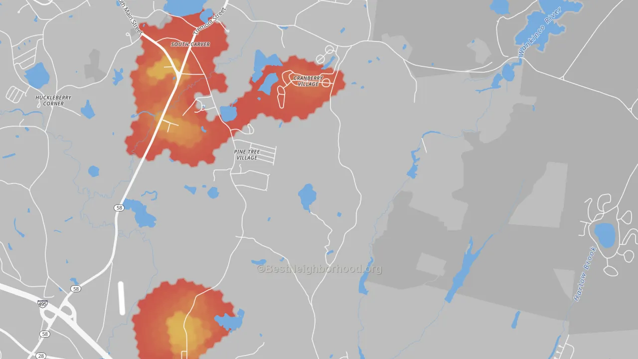 Walk Grade map of Tihonet, MA, walkable areas in green and car-dependent areas in red
