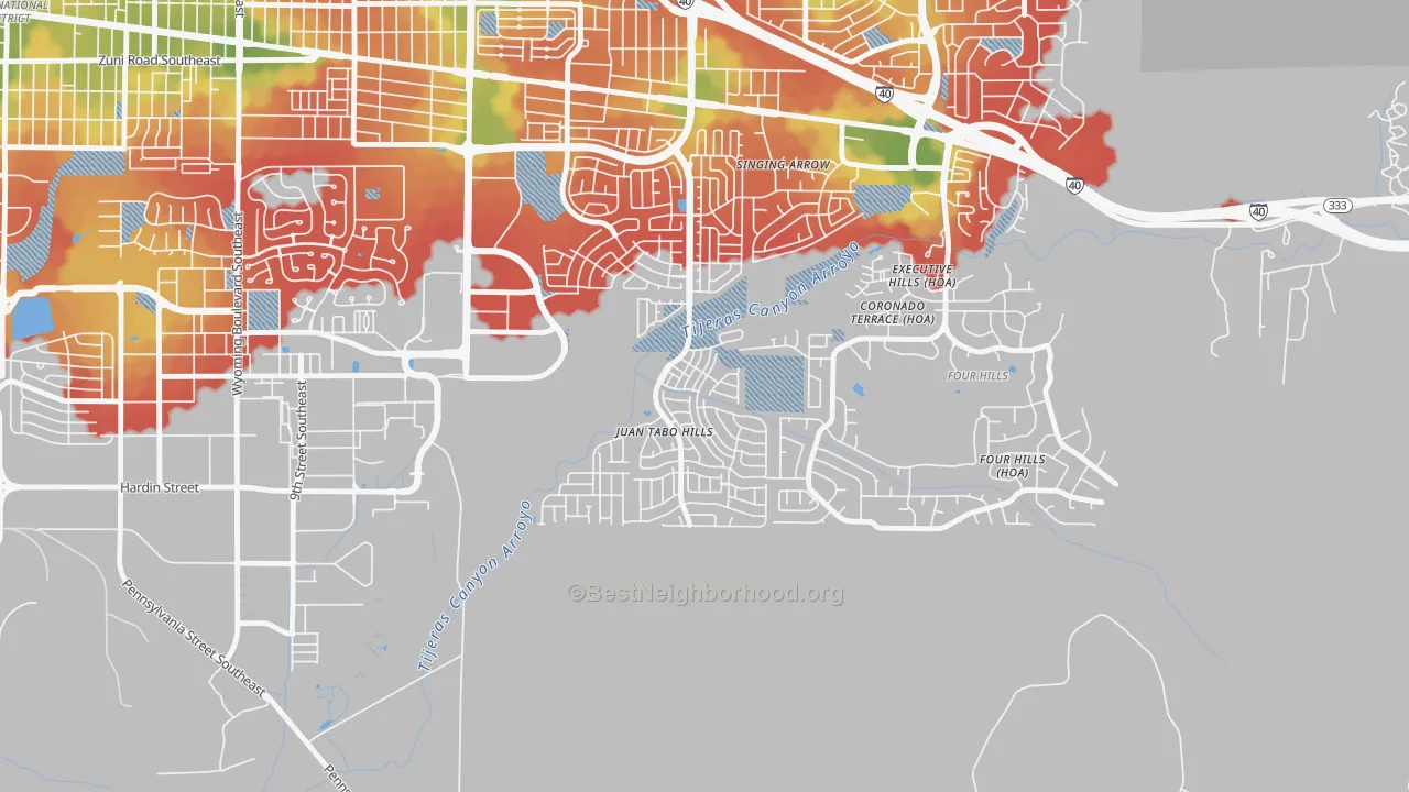 Walk Grade map of Tijeras Arroyo, Albuquerque, NM, walkable areas in green and car-dependent areas in red