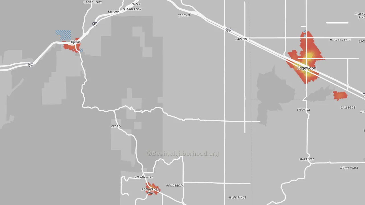 Walk Grade map of Tijeras, NM, walkable areas in green and car-dependent areas in red