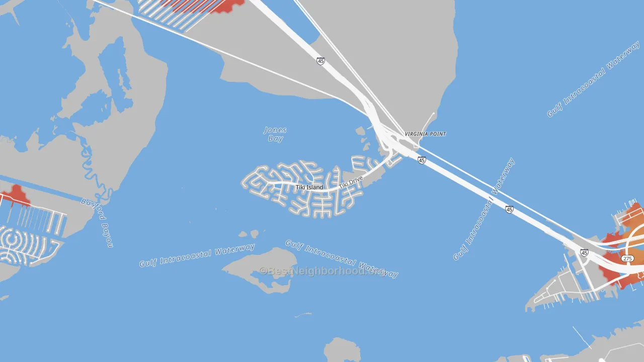 Walk Grade map of Tiki Island, TX, walkable areas in green and car-dependent areas in red