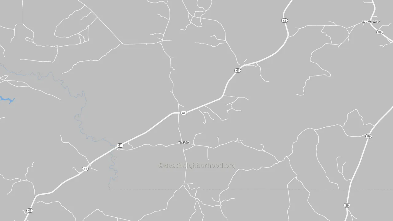 Walk Grade map of Tilden, AL, walkable areas in green and car-dependent areas in red
