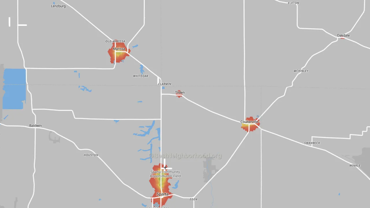 Walk Grade map of Tilden, IL, walkable areas in green and car-dependent areas in red