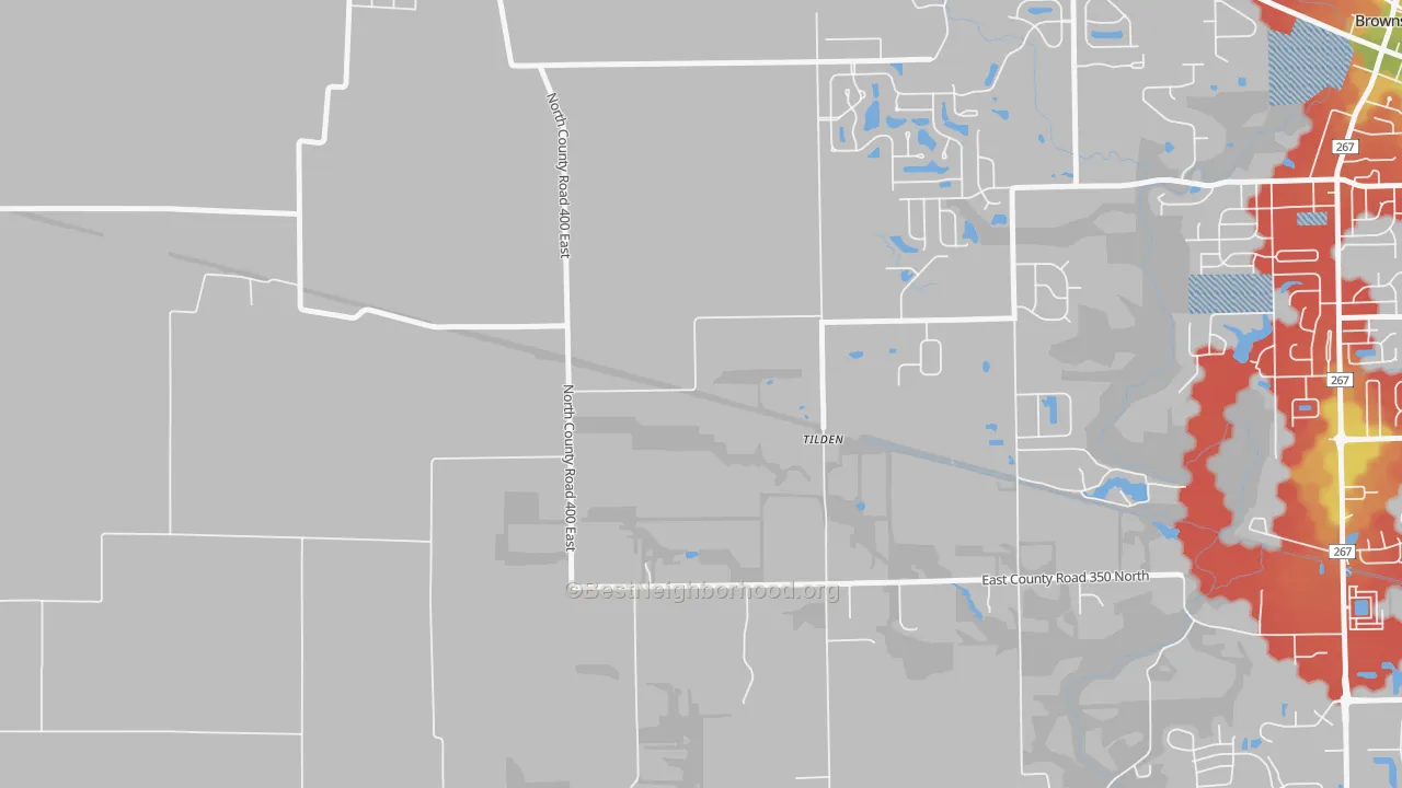 Walk Grade map of Tilden, IN, walkable areas in green and car-dependent areas in red