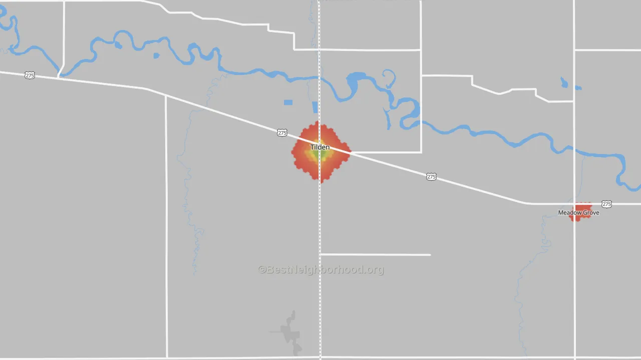 Walk Grade map of Tilden, NE, walkable areas in green and car-dependent areas in red
