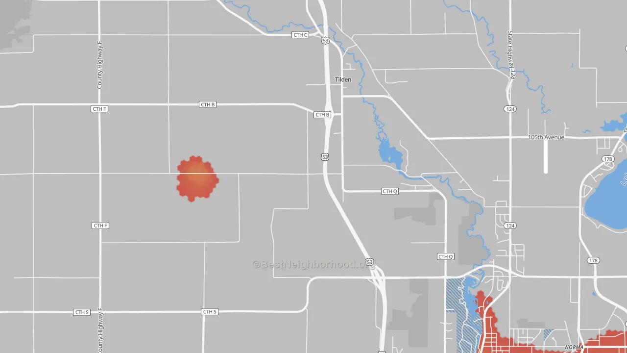 Walk Grade map of Tilden, WI, walkable areas in green and car-dependent areas in red