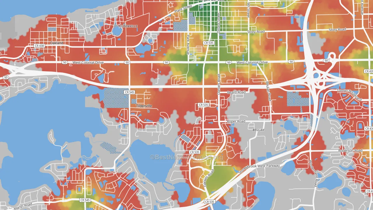 Walk Grade map of Tildenville, FL, walkable areas in green and car-dependent areas in red