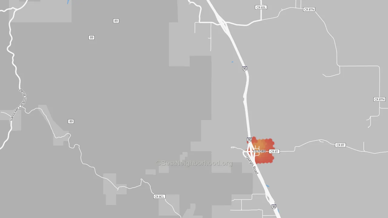 Walk Grade map of Tilford, SD, walkable areas in green and car-dependent areas in red