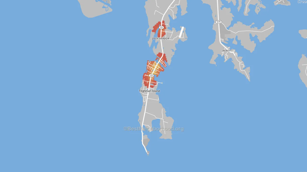 Walk Grade map of Tilghman, MD, walkable areas in green and car-dependent areas in red