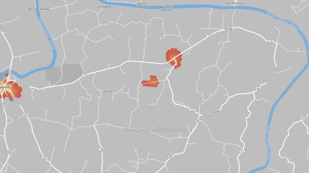 Walk Grade map of Tiline, KY, walkable areas in green and car-dependent areas in red