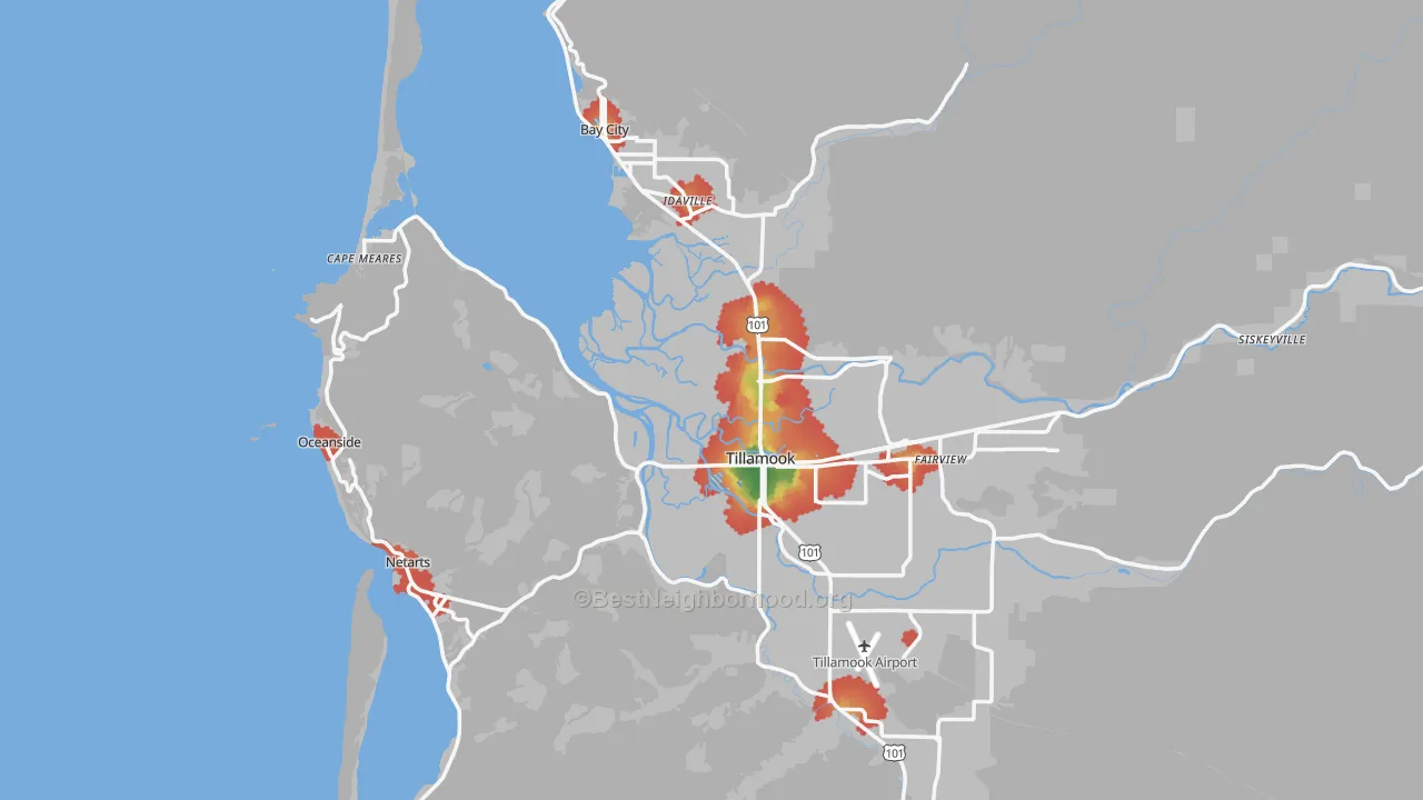 Walk Grade map of Tillamook County, OR, walkable areas in green and car-dependent areas in red