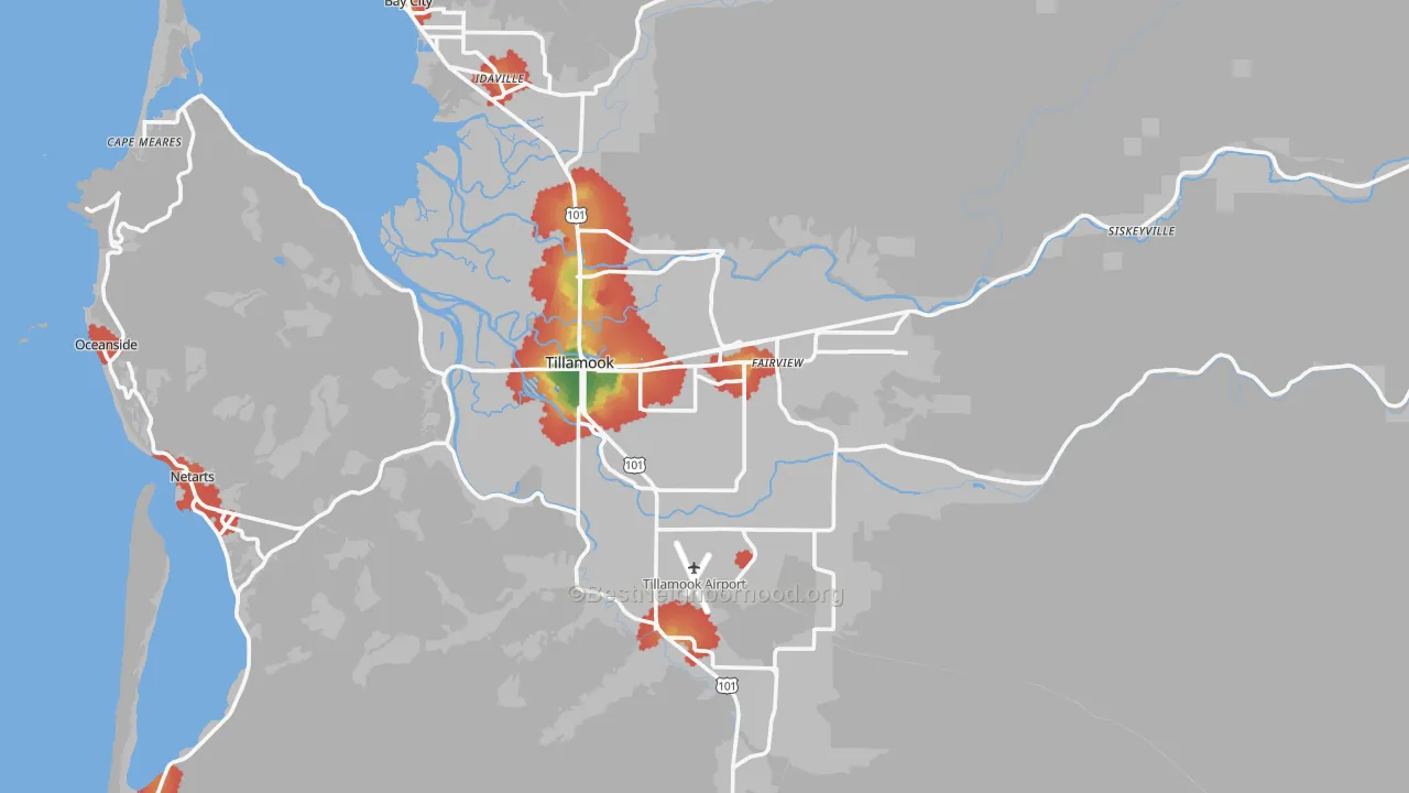 Walk Grade map of Tillamook, OR, walkable areas in green and car-dependent areas in red